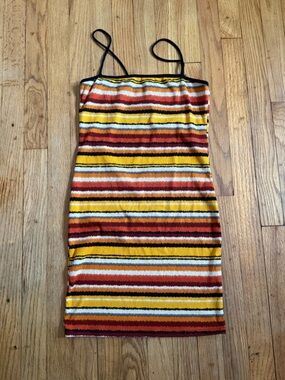 Striped Ribbed Spaghetti Strap Dress - Yellow, Rust, White, Black